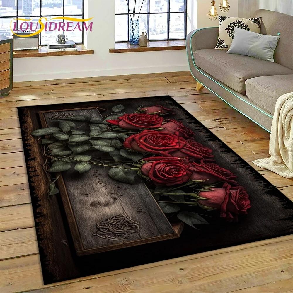 Růžové Květiny Severská Láska Romantický Koberec Kobereček do Ložnice Obývacího Pokoje Domácí Dekorace na Pohovku, Dětská Hra Velká Dekorativní Podložka na Podlahu