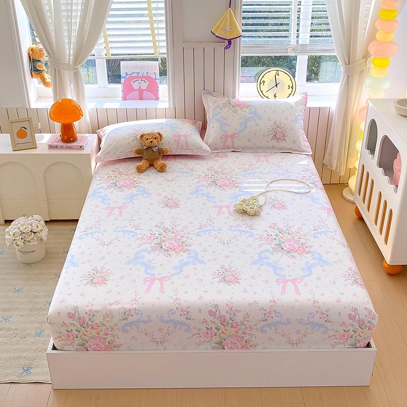 Pure Cotton Printed Single Bed Sheet Set - Fitted Sheet, Protective Cover, Pad Cover (3 Pieces)