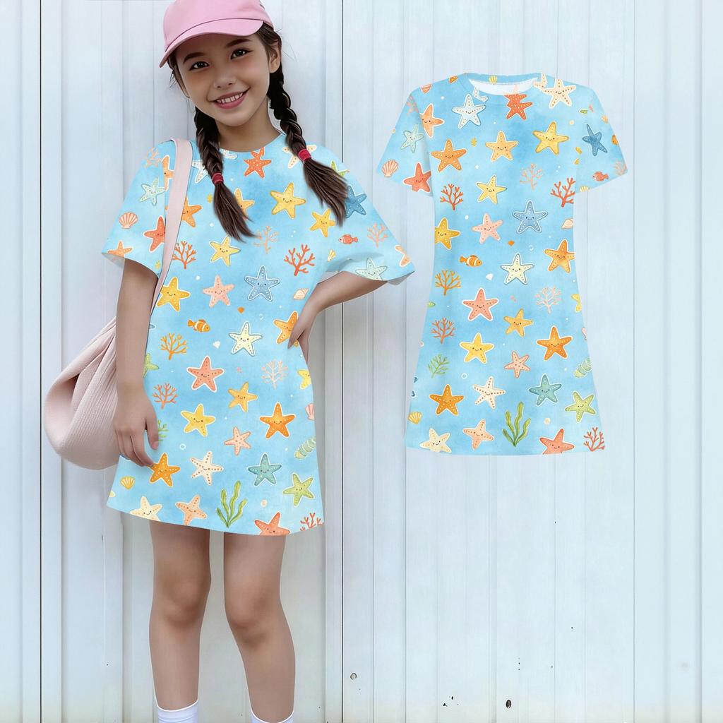 Girls Animal Print Dress Short Sleeve Loose Fit Round Neck Lightweight Kids Casual Dress Summer Wear for Children