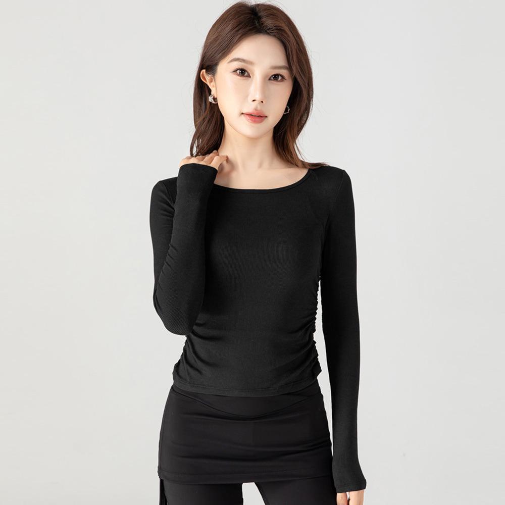 Women s Ribbed Slim-Fit Round Neck Yoga Top, Long Sleeve, Pleated, Breathable, Skin-Friendly Base Layer T-Shirt S