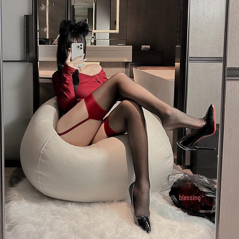 Red Contrast Sexy One-Piece Garter Stockings for Nightclubs