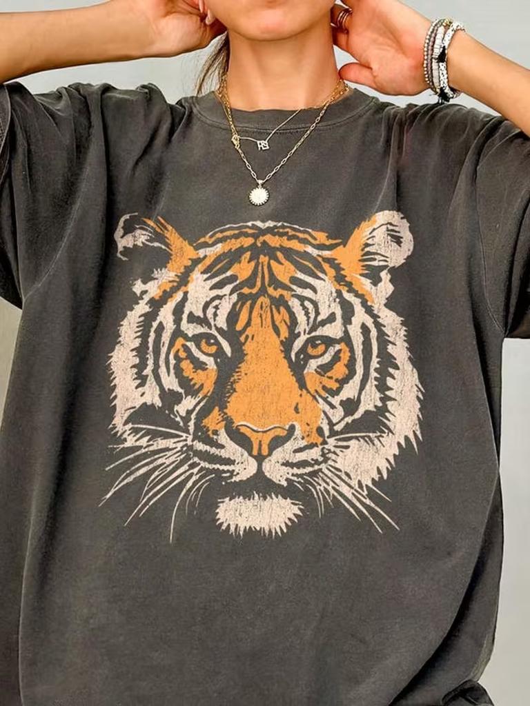 Retro Tiger Face Print T-Shirt - Loose-Fitting, Casual Short-Sleeved Crew Neck S