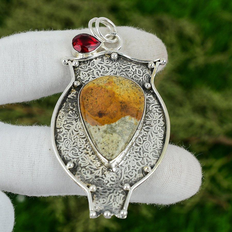925 Silver Polychrome Jasper Stone Mozambique Garnet Artisan Ethnic Boho Pendant