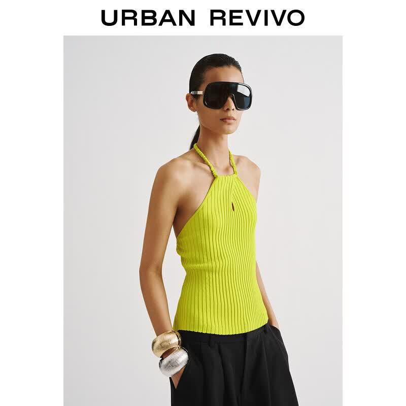 UR2026 Women s Twisted Knot Halter Ribbed Knit Camisole S