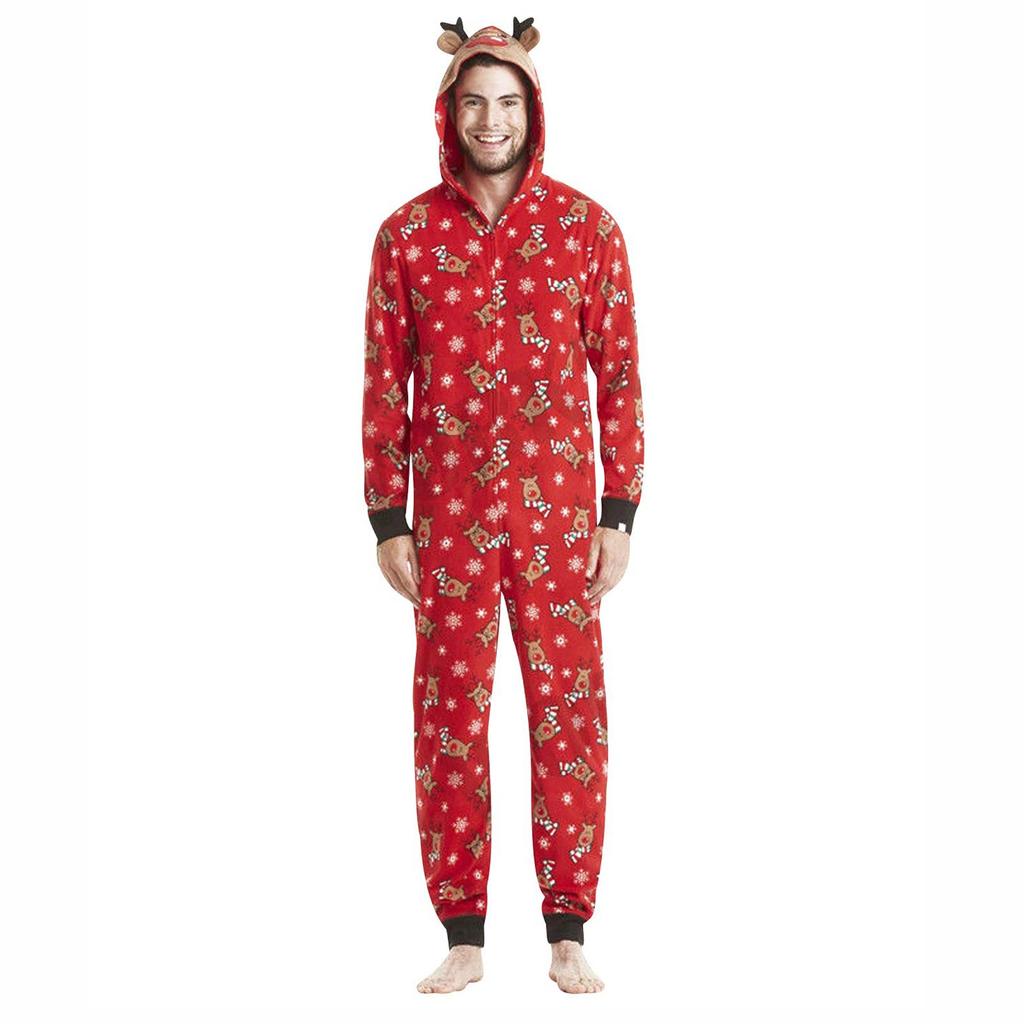 Pigiama con tuta natalizia con cappuccio Elk Loungewear, set coordinati natalizi per la famiglia