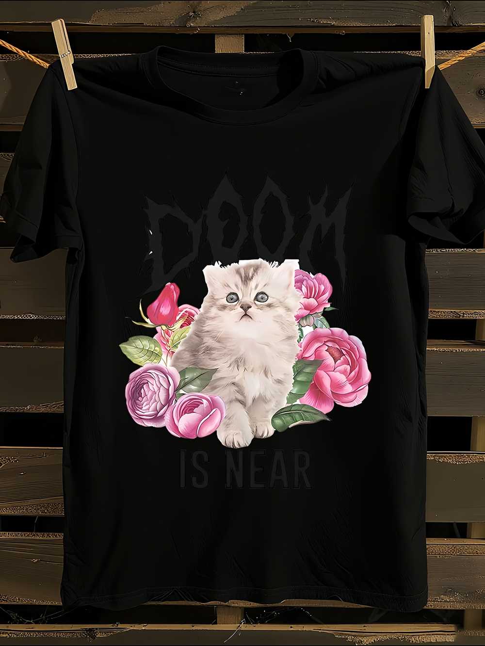 

Gothic Kitten & DOOM IS NEAR Print Cotton T-Shirt Mens Tshirt Womens Tshirts with Letters Print Short Sleeves T-Shirt Casual Street Tee Shirt Top L