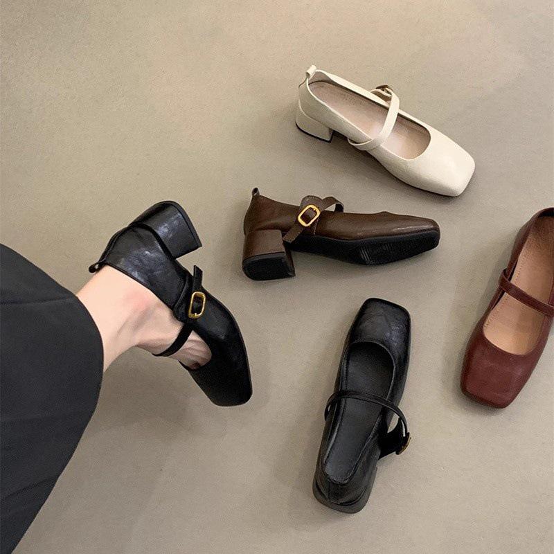 French Retro Square Toe Mid-Heel Mary Jane Shoes for Women - Elegant Spring & Autumn Style with a Chunky Heel and Fairy Aesthetic