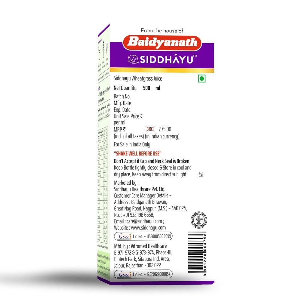 Baidyanath Asli Ayurved Wheatgrass Juice 500ml Natural Superfood Drink Detox Energy Booster
