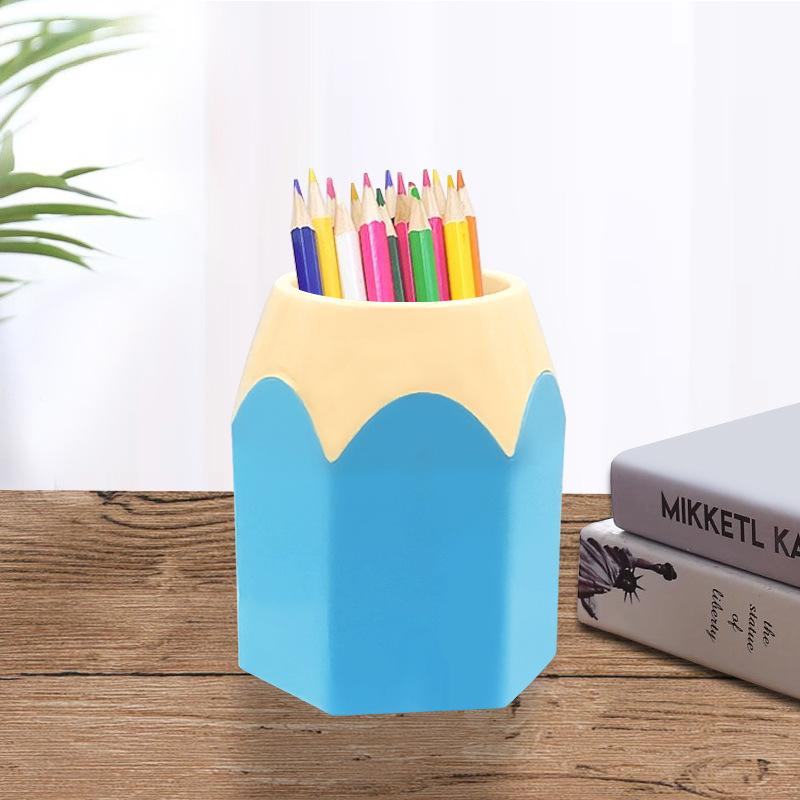 Color Pencil Head Pen Holder Student Office Study Stationery Desktop Storage Bucket Hexagonal Pen Holder Contrasting Color Induction Holder