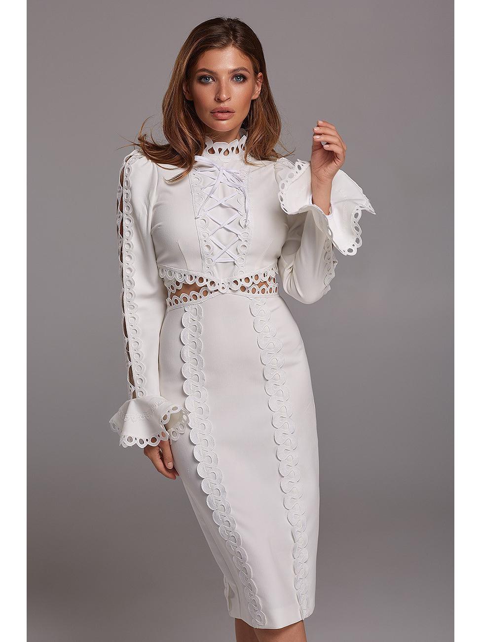 

European and American Women s Lace Trim Midi Dress - Round Neck & Short Sleeve XXL белый