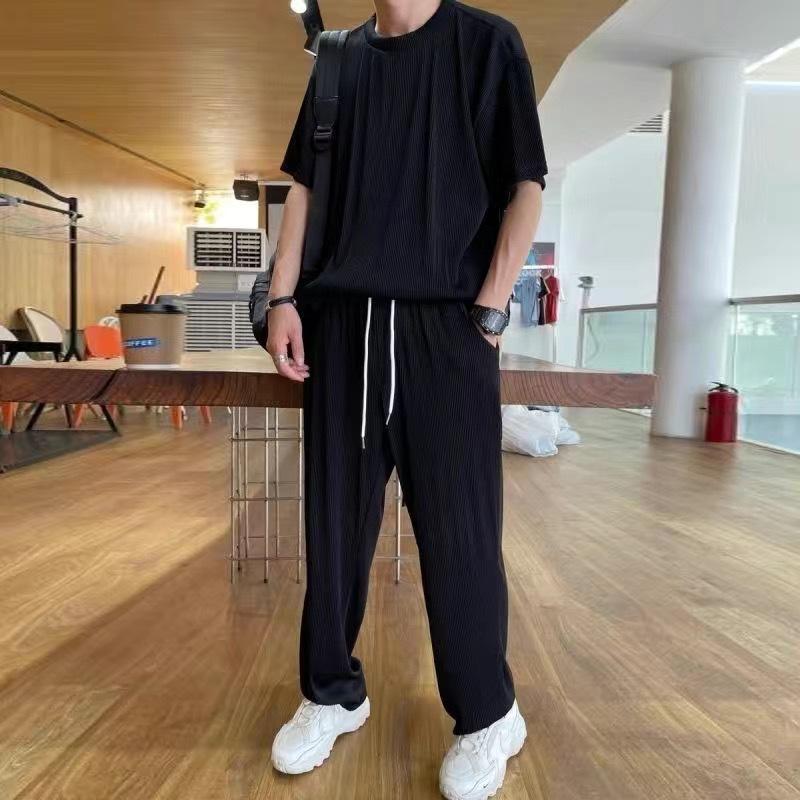 Men's Summer Thin Casual Plus Size Sports Suit Quick Drying Short Sleeved T-shirt+long Pants Daily Simple Two-piece Set