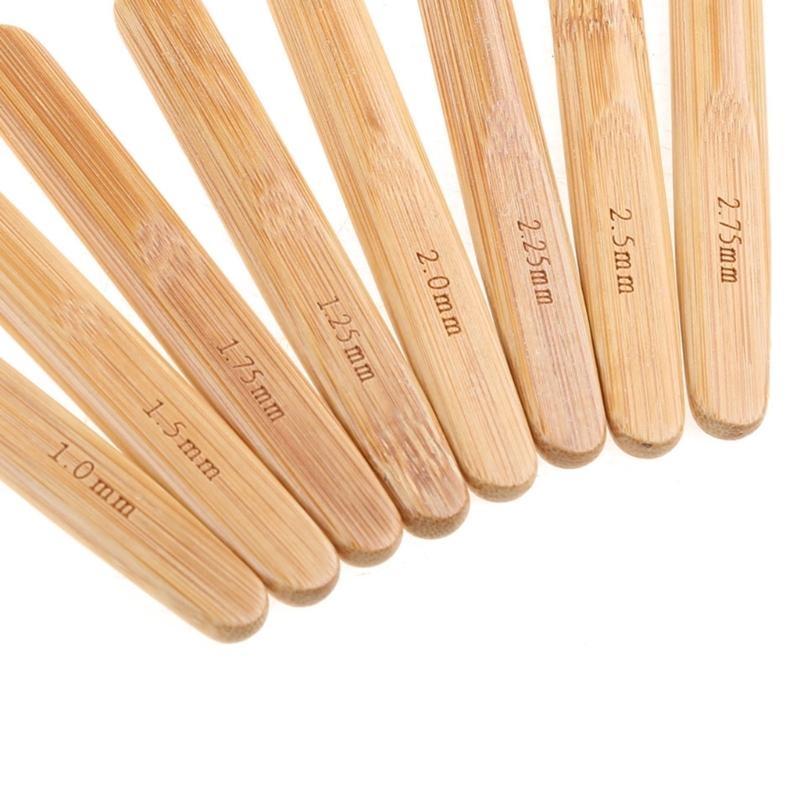 New Bamboo Handled Metal Crochet Hooks 8 Pcs 8 Sizes Needles Weave Craft