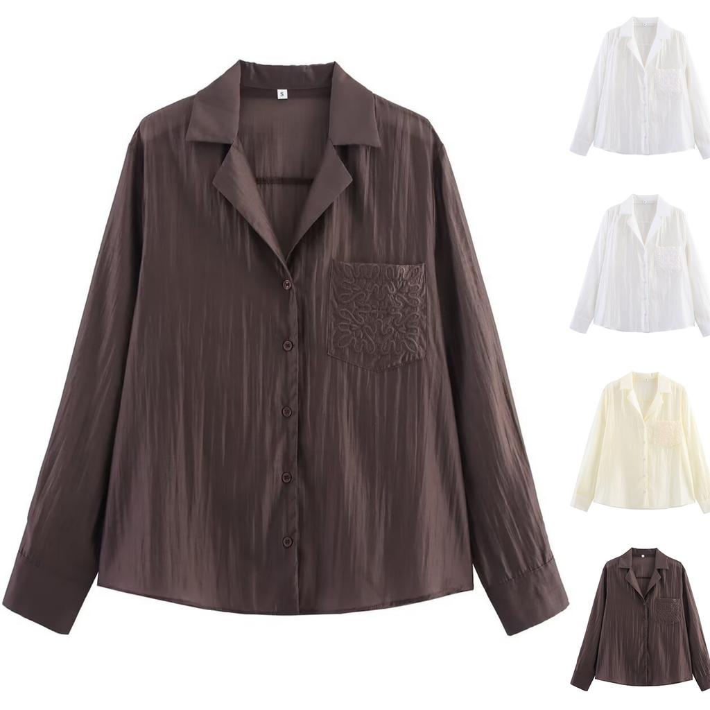 Fashion Ladies Lapel Long Sleeve Embroidered Pocket Decoration Shirt Tops For Women