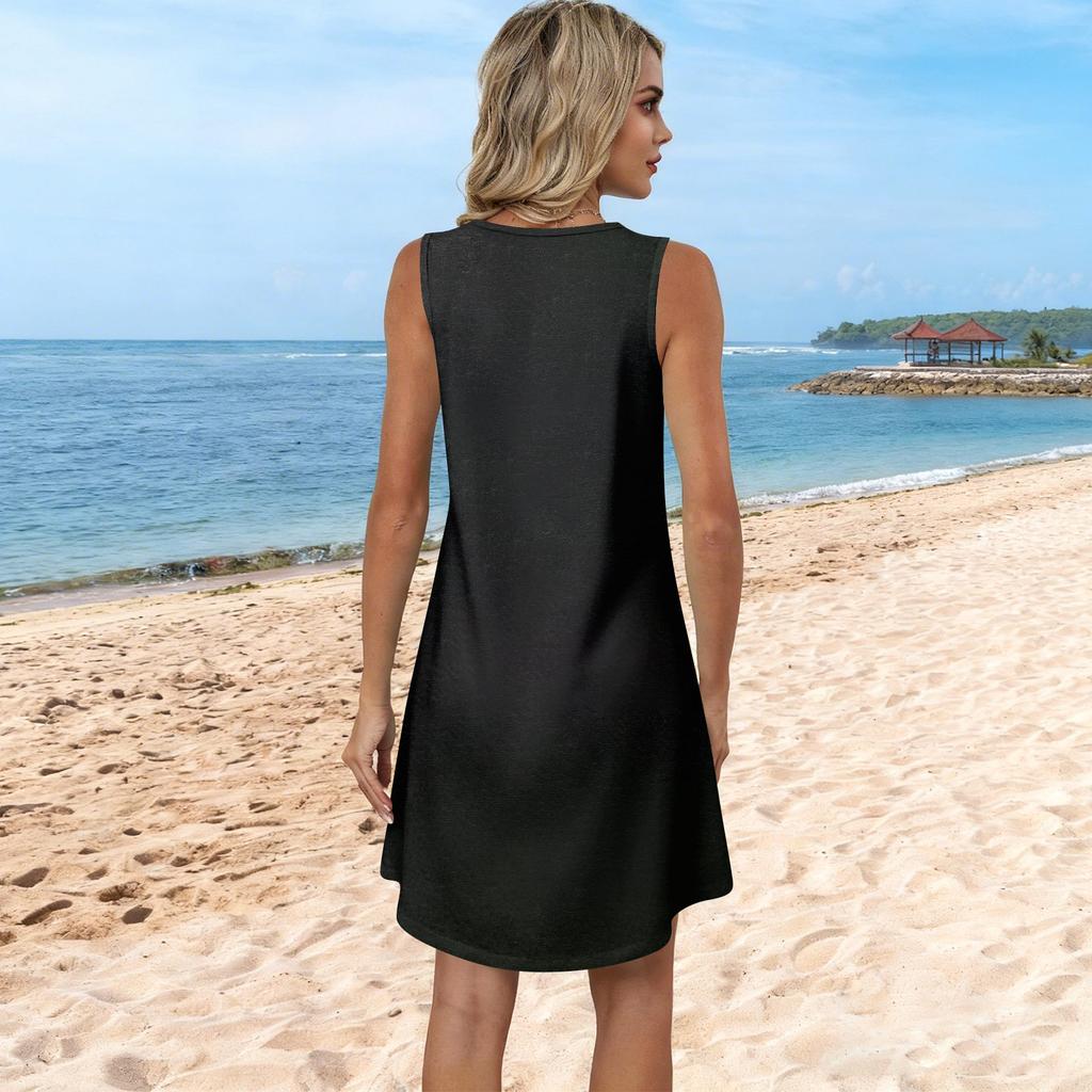 Women's Summer Casual Sun Skirt With Pocket V-Neck Independence Day Printed Loose Vest Dress