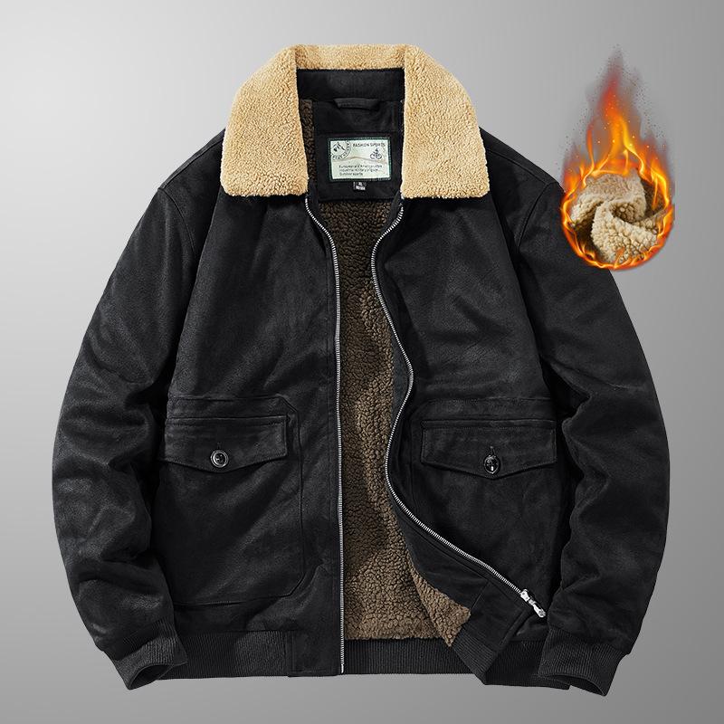 

Осень-зима Мужская теплая флисовая теплая толстая куртка пальто мужская мода меховой воротник вельвет военная повседневная куртка пальто мужская S чёрный