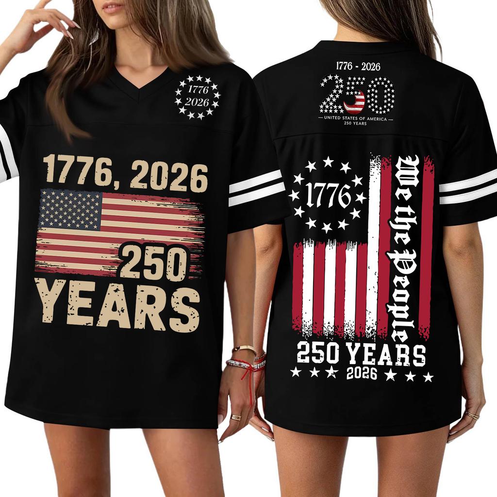 Women's Casual V Neck Jersey Shirt Short Sleeve Athletic Top 250th Anniversary Independence Day Printed T Shirt Loose Fit