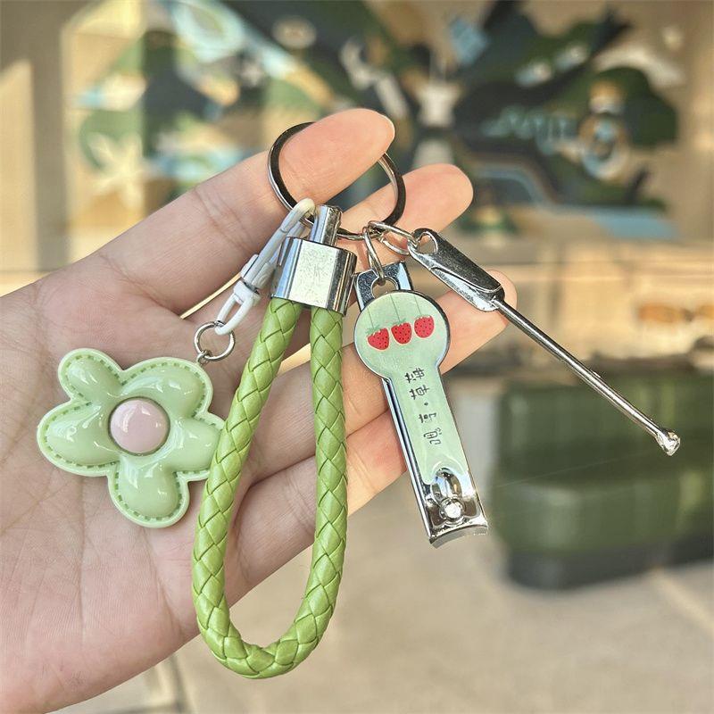 Dopamine Colorful Flower Keychain Set: Girlish Heart Charm, Nail Clipper, Ear Pick Accessories