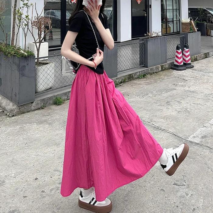 Women's Spring/Fall Loose-Fit High-Waisted Skirt: Slimming, Pleated, Solid Color, Elastic Waist, A-Line, Mid-Length