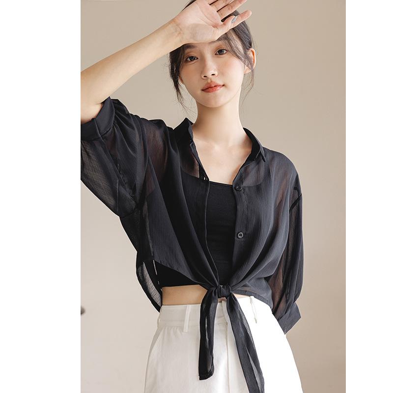 

Женский белый шифоновый кардиган для защиты от солнца 2024 года - летняя шаль-топ с рукавом три четверти Large чёрный