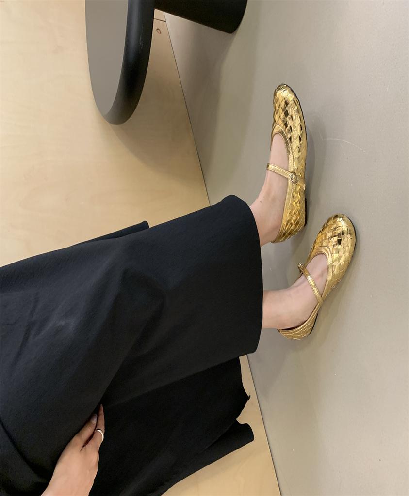 2025 summer new hand-woven Roman shoes square head shallow mouth soft sole word with flat bottom Mary Jane single shoes women