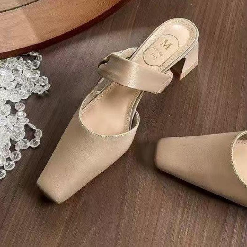 Summers New Style Evening Breeze Baotou Half Slippers French Low Heel Women's Shoes Summer New Thick Heel Slippers Zapatos Mujer