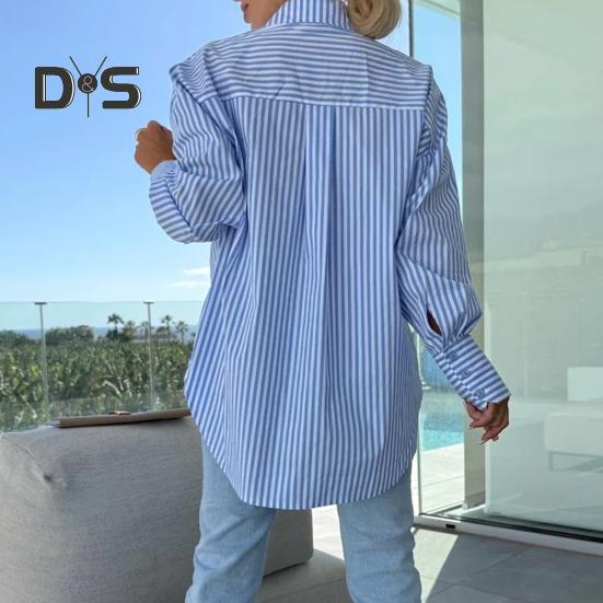 Damen-Shirt mit Revers, langen Ärmeln, gestreiftem Druck, lässige Oberteile, Knopfleiste, unregelmäßiger Saum, lockere Passform, Frühling/Herbst