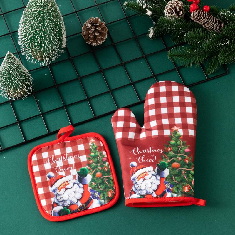 2PCS Christmas Oven Mitts and Pot Holders Set Heat Resistant Microwave Oven Gloves and Potholder for Kitchen Cooking Baking