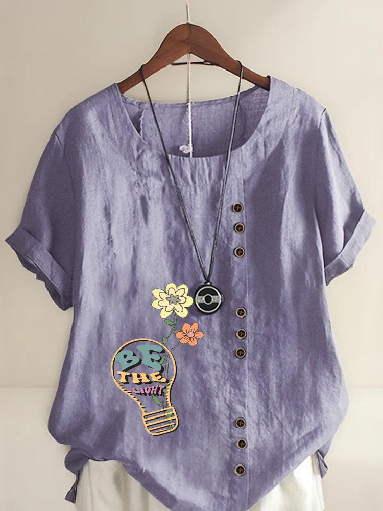 Women's Fashion Flower Print Round Neck Short Sleeve T-shirt Summer Casual Cotton Linen Graphic Shirt Leisure Loose Blouse Tops