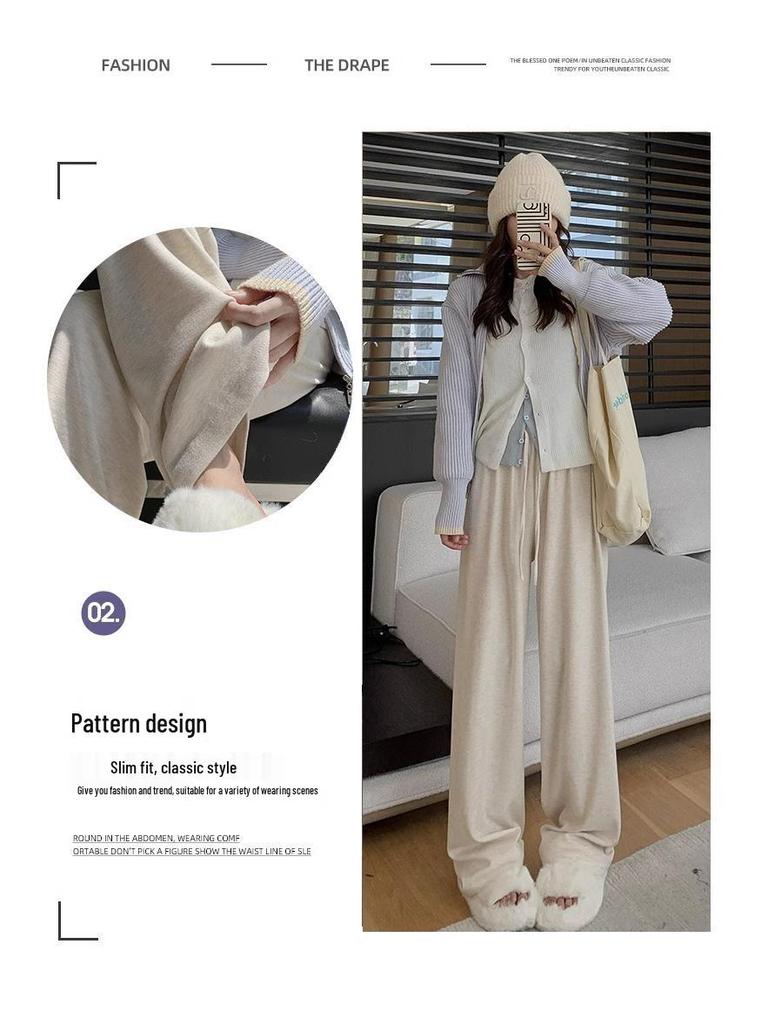 Petite Women's High-Waisted Apricot Knitted Pants - Wide-Leg, Drapey, Soft, Spring/Autumn, Fits 150cm.