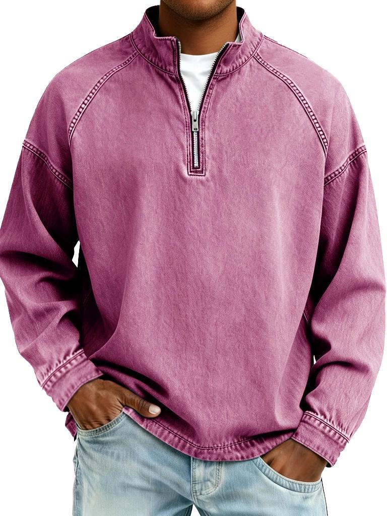 Men's Washed Solid Color Pure Cotton Hoodie with Stand-Up Collar and Half-Zip Closure for Autumn/Winter