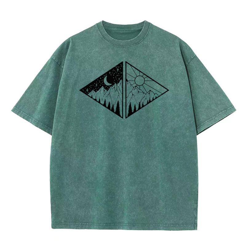 Rectangular Black Mountain Pure Cotton Men Tops  Tees Vintage Mother Day Retro Washed T Shirts Loose Round Neck Washed T Shirts