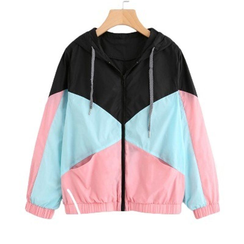 

Красочная ветровка с капюшоном Контрастное пальто Контрастный цвет Спортивная бейсбольная куртка Black XL