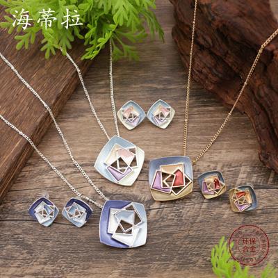New Enamel Color Hollow Square Geometric Stud Earrings Pendant Set, Personalized Women's Versatile Necklace