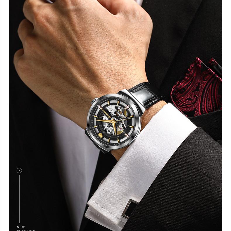 JINSHIDUN-New Business and Leisure Men's Watch Automatic Mechanical Watch Hollow Leather High-end Watch