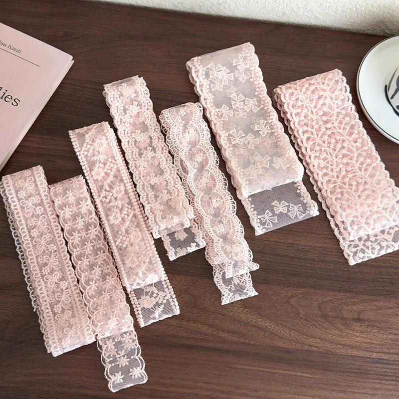 Różowe Koronkowe Kwiaty Długi Pasek Jedwabna Chustka Opaski Kokarda Gumka do Włosów Damska Dziewczęca Słodka Wiązana Turban Wstążka Nakrycie Głowy Moda