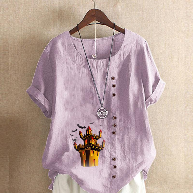 Women's Fashion Haunted House Prined Round Neck Short Sleeve T-shirt Casual Cotton Linen Graphic Shirt Leisure Loose Summer Blouse Tops