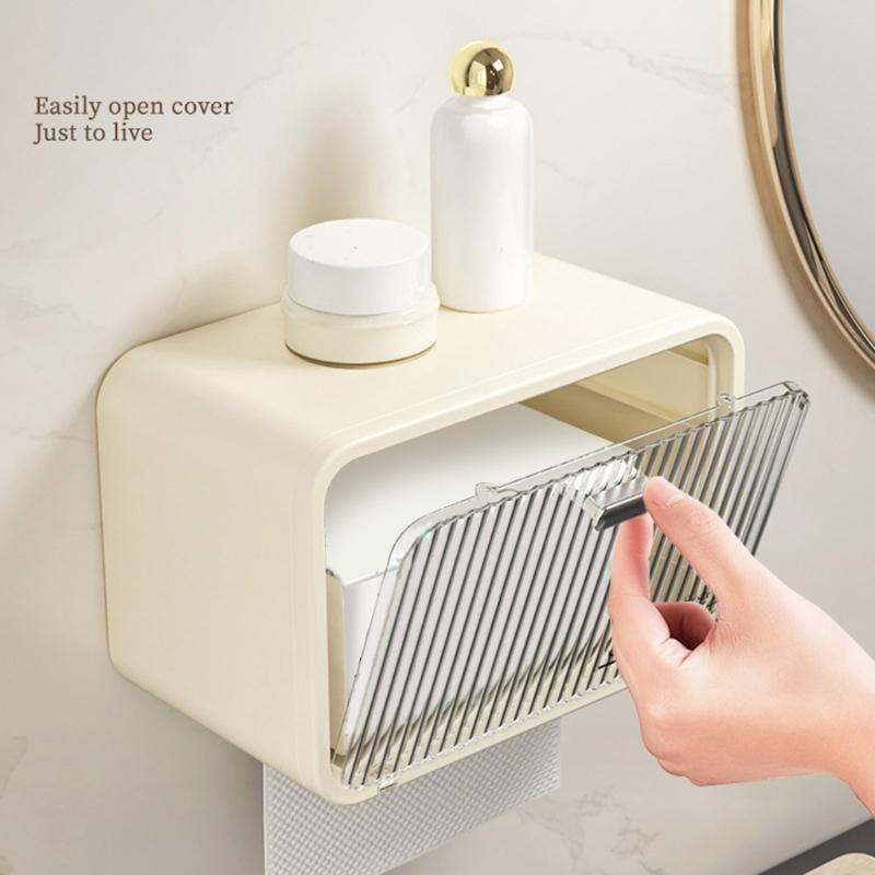Modern Bathroom Tissue Storage Box Waterproof Adhesive Wall Mount Holds Paper Rolls Washcloths