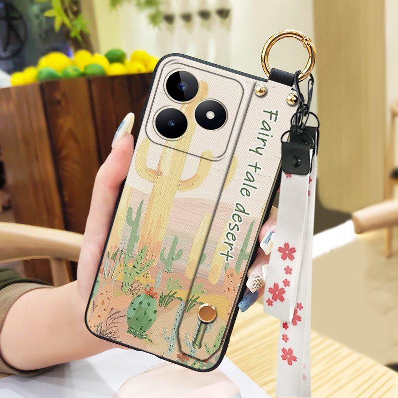 Back Cover Anti-knock Phone Case For Realme C53/Narzo N53 Wrist Strap Phone Holder Dirt-resistant Waterproof Ring Flower