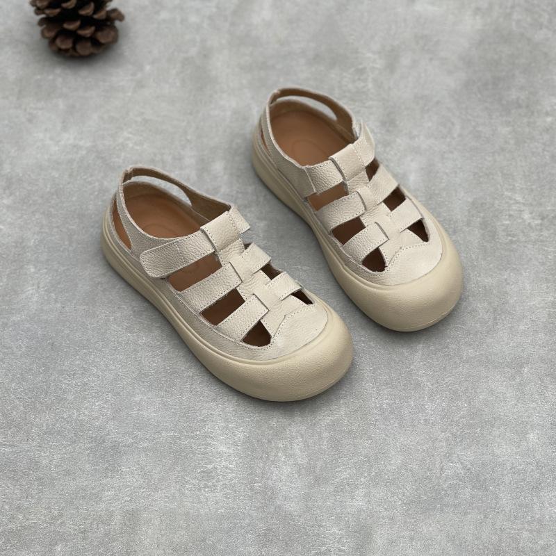 Johnature Жіночі повсякденні сандалі з натуральної шкіри з круглим носком, літні, з перфорацією, дихаючі, на м'якій підошві