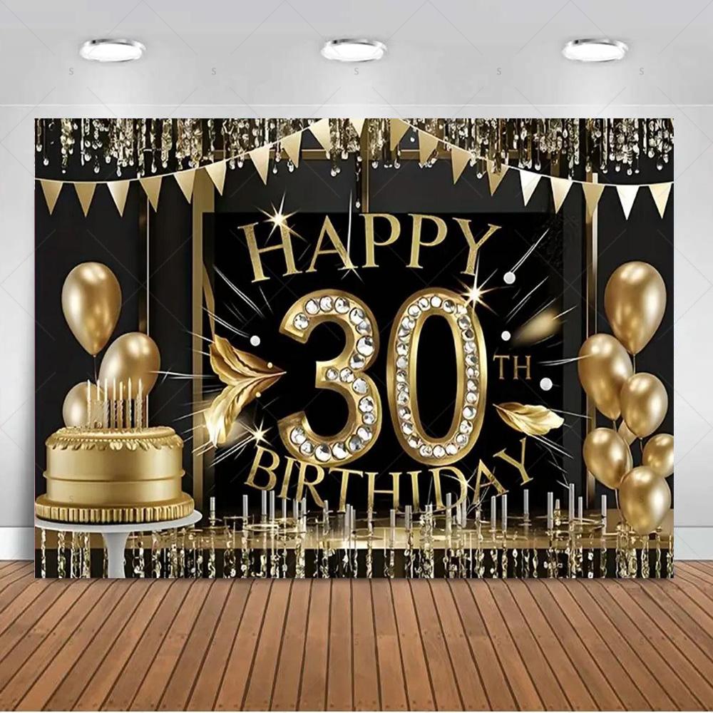 30th Birthday Party Decorations 30 Years Old Backdrop Supplies Black Gold Balloons Glitter Background Banner Photography Props