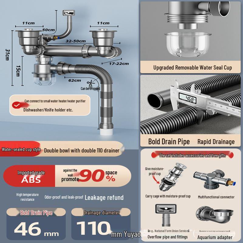 Anti-Clogging & Odor-Resistant Kitchen Sink Drain Pipe for Vegetable Washing Basin (Single/Double Bowl)