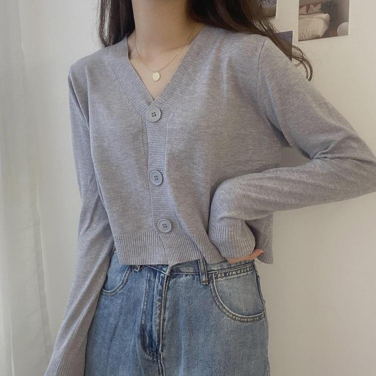 Women's Solid Color V-Neck Knitted Cardigan Long Sleeve Pullover Sweater Single Breasted Button Spring Fall Outerwear Tops Small Fresh One Size