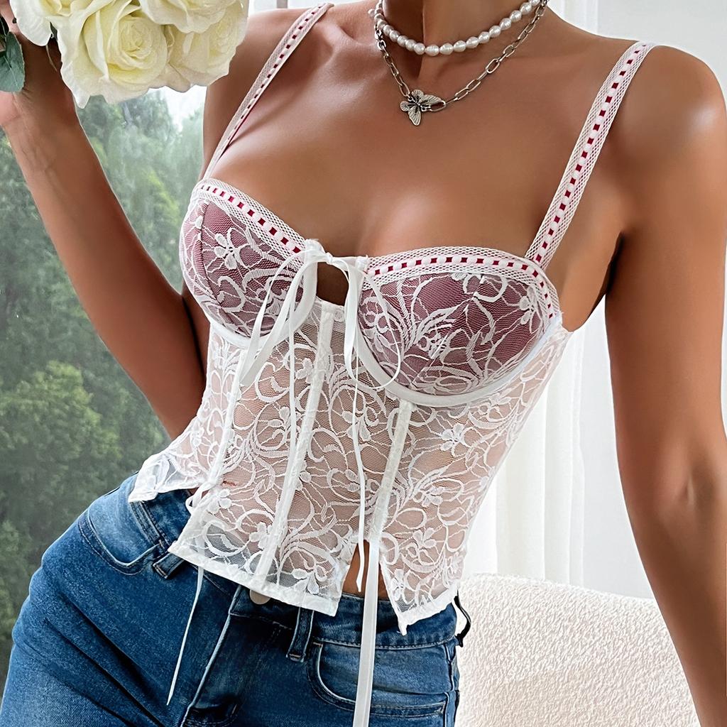 VEZFAA Women's Fashion Casual Lace Print Summer Spring Sleeveless Suspenders Sexy Bodysuits