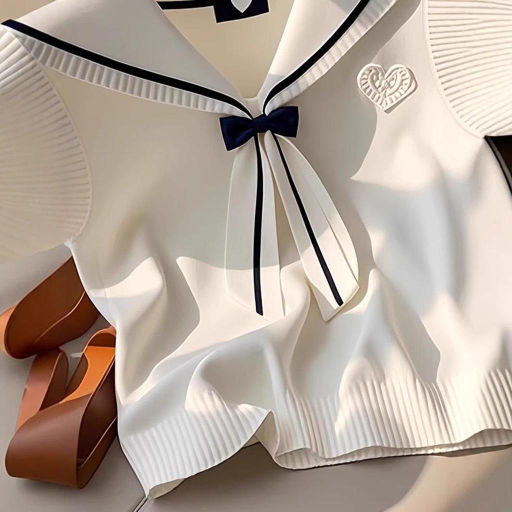 2025 Summer Milk White Knit Sailor Collar Bow Vest - Korean Style Women's Tank Top