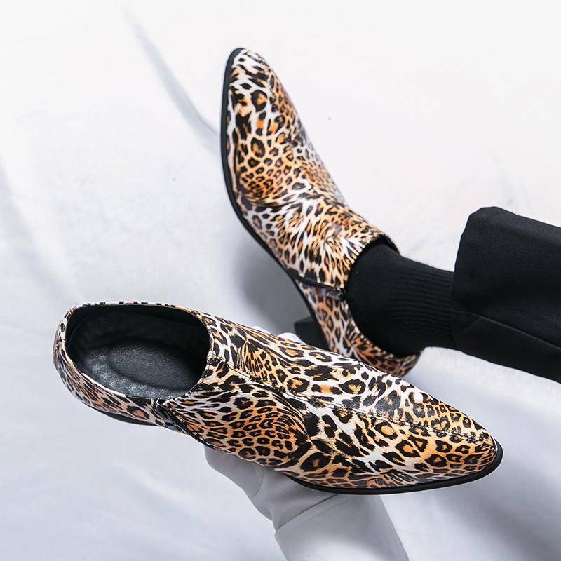 Luxury New Designer Men's Pointed Leopard Height Increasing Shoes Male Casual Loafers Wedding Formal Dress Footwear Zapatillas
