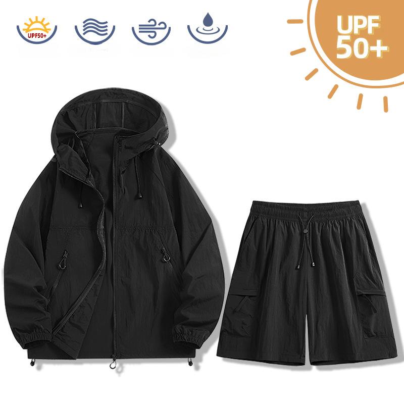 Summer Men's Ice Sunscreen Suit Hooded Jacket and Shorts Set Lightweight Quick Drying Two Piece Set Couple Style