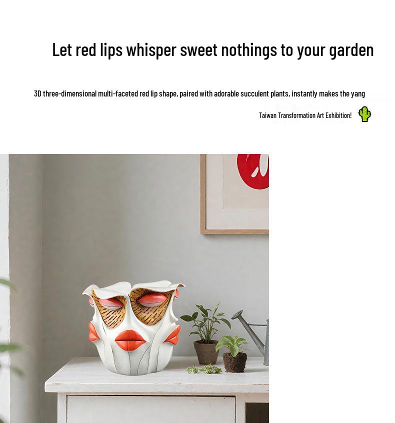 Abstract Red Lips Face Flower Pot: Resin Ornament for Courtyard, Balcony, or Garden Bonsai.
