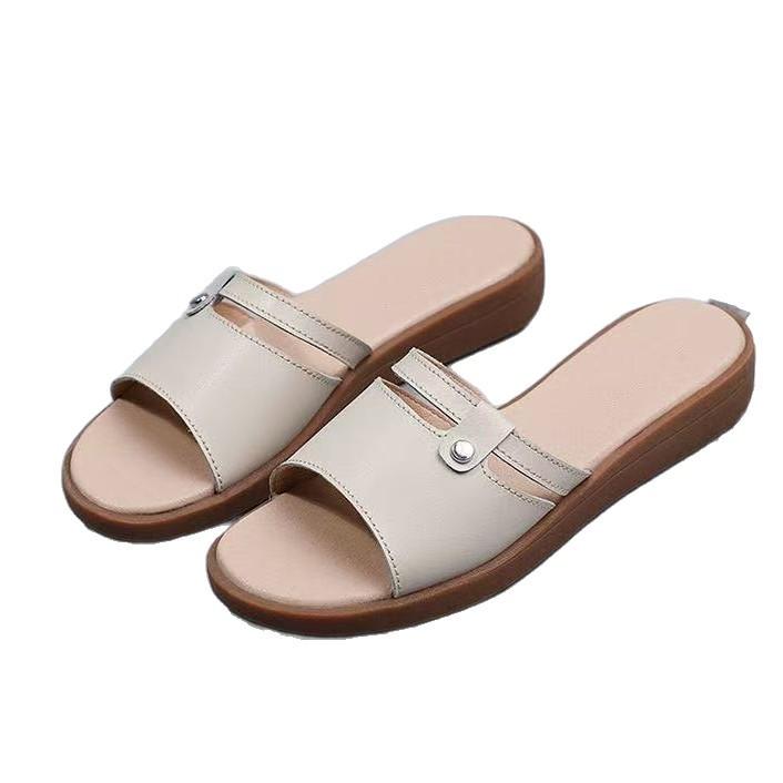 Women's Medium Flat Bottom Non-slip One-word Drag 2 New Summer Wear Fashion Soft Leather Cool Slippers Women