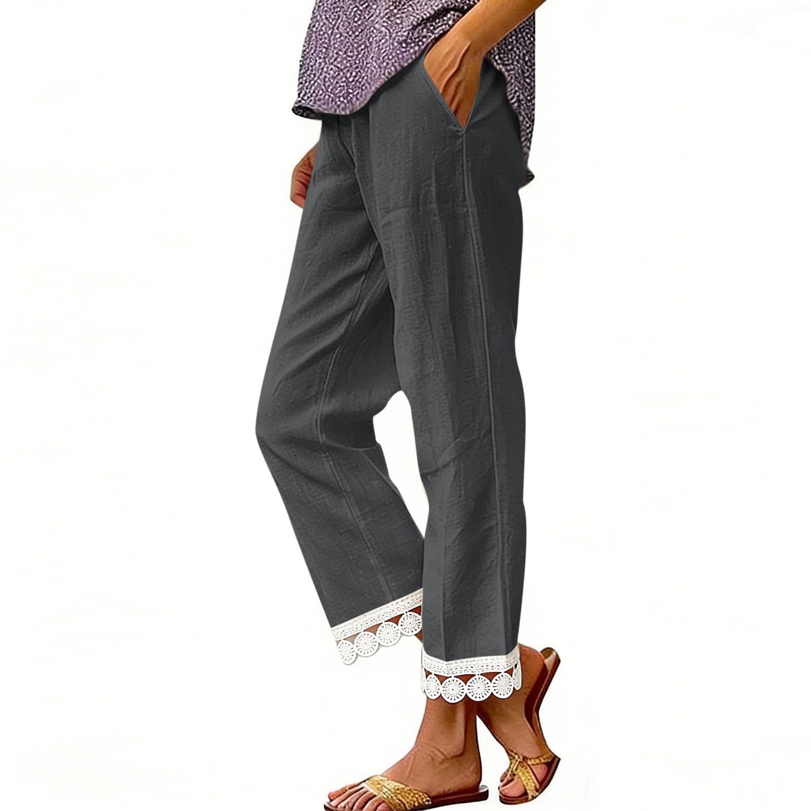

Women s Fashion Color Elastic Waist Pocket Lace Splicing Casual Straight Pants L