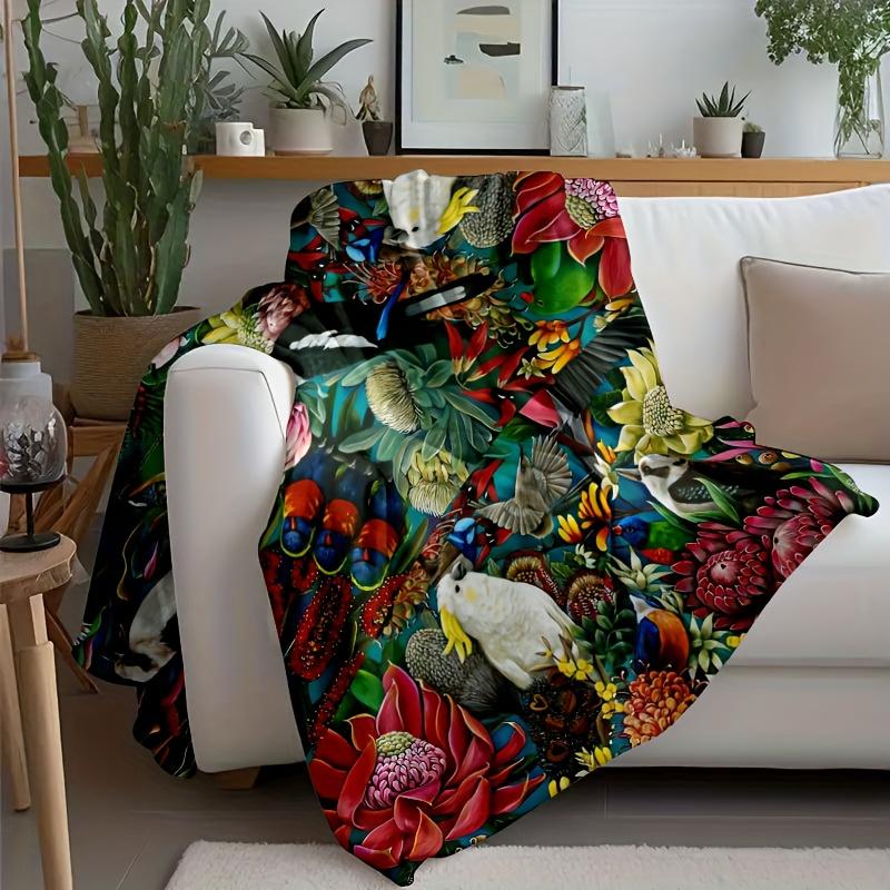 Floral Parrot Print Flannel Throw Blanket Soft Cozy Fleece for Sofa Bed Travel Camping Living Room All Season Decor Gift